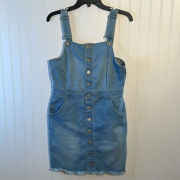 Wax Jean Overall Denim Dress Women’s Size Large Light Blue Button Front Fitted - Picture 1 of 8